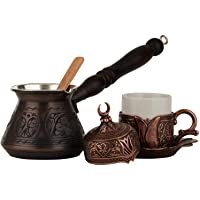 DEMMEX juego de 6 piezas de café griego turco para 1 con olla de cobre grabada y tapa de plato y cuchara de alta…